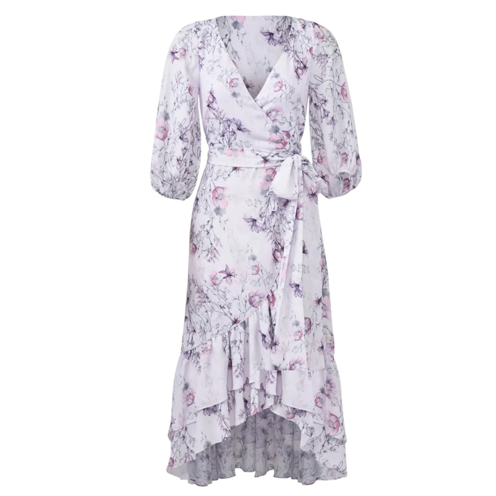 Prose & Poetry Faux Wrap Midi Dress Purple‎ Floral Asymmetric Ruffle Hem V-Neck